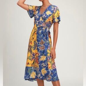Lulus Wrap Dress Womens Small Blue Mustard Yellow Floral Short Sleeve Party Midi